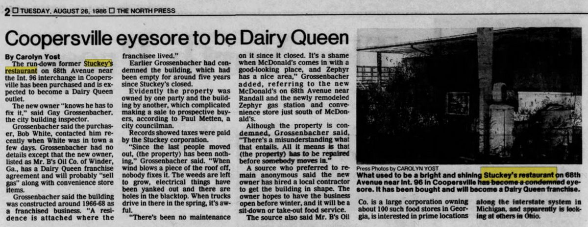 Stuckeys - Aug 26 1986 Article On Coopersville Location